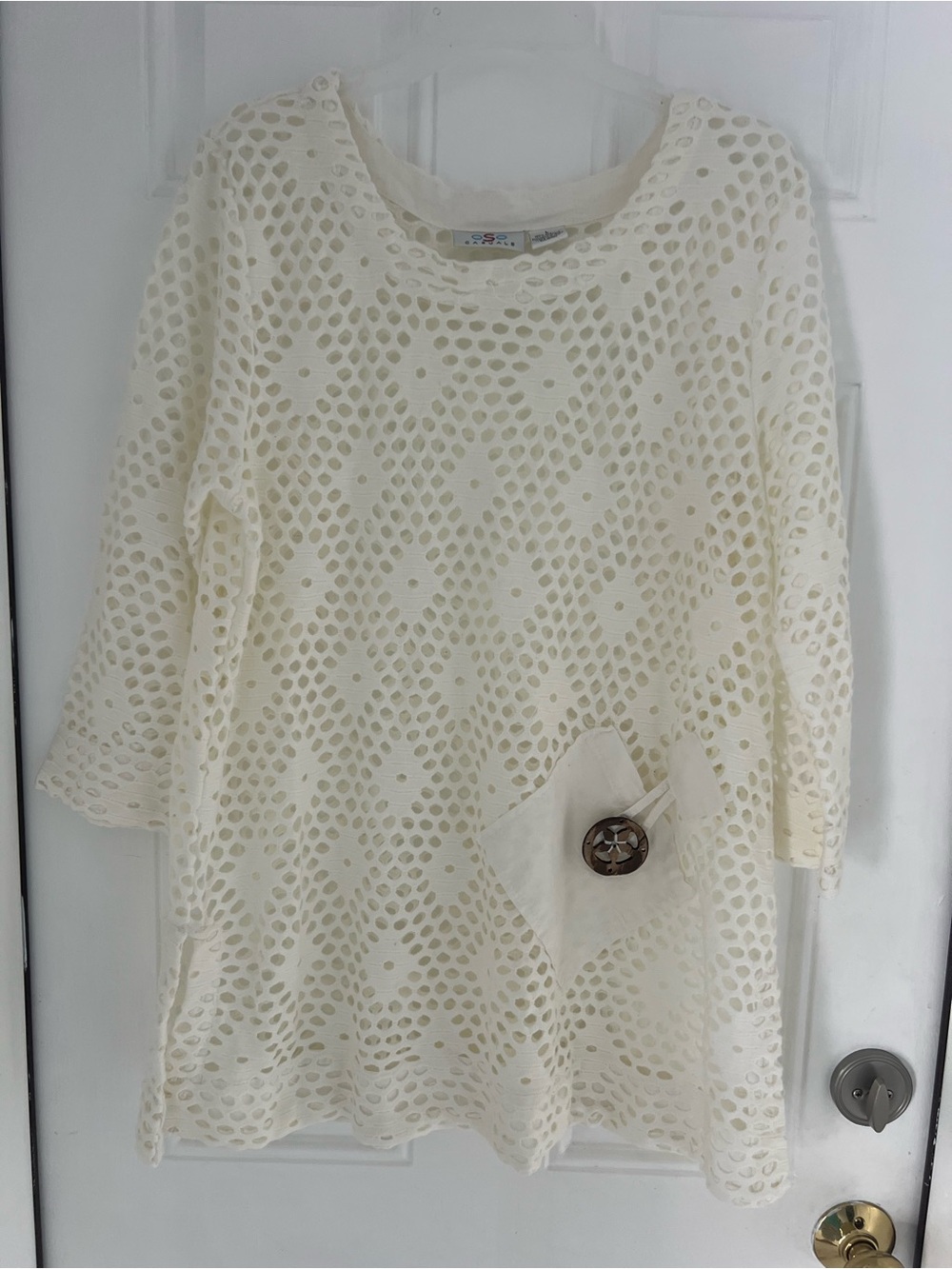 OSO Casuals Ivory Open Knit Crochet Tunic Top  3/4 Bell Sleeve Cover Up L #910